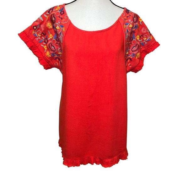 Umgee Fiesta Linen Blend Orange Floral Embroidered Swing Shirt Oversized Size S - Picture 2 of 12